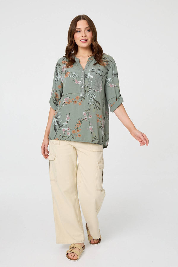 Khaki | Sequin Trim V-Neck Relaxed Blouse