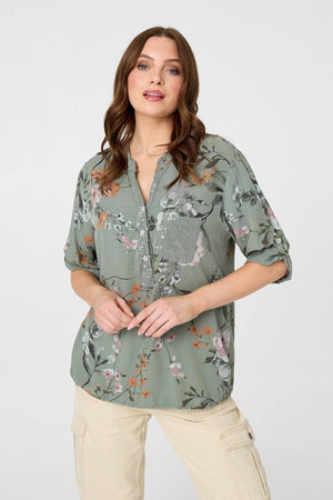Khaki | Sequin Trim V-Neck Relaxed Blouse : Model is 5'9