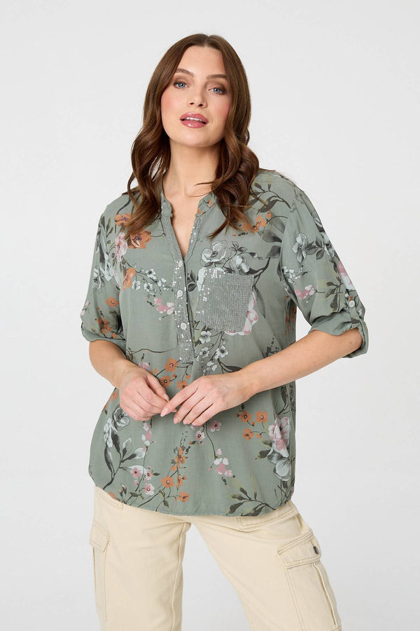 Khaki | Sequin Trim V-Neck Relaxed Blouse : Model is 5'9"/175 cm and wears UK8/EU36/US4/AUS8