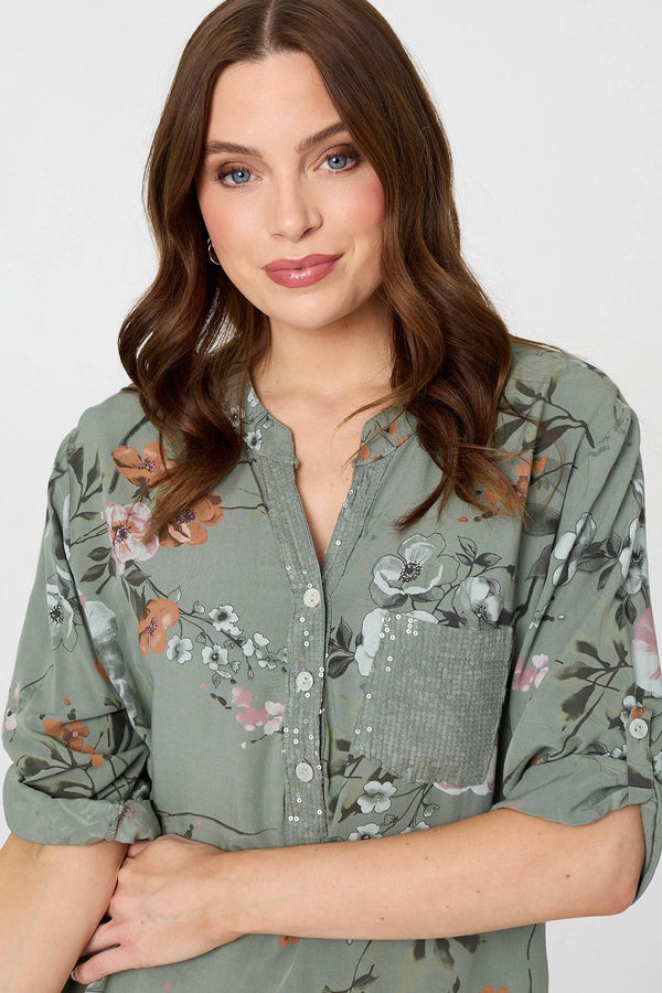 Khaki | Sequin Trim V-Neck Relaxed Blouse