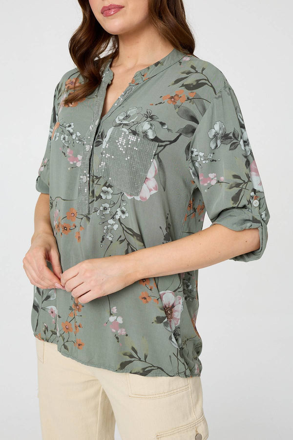 Khaki | Sequin Trim V-Neck Relaxed Blouse