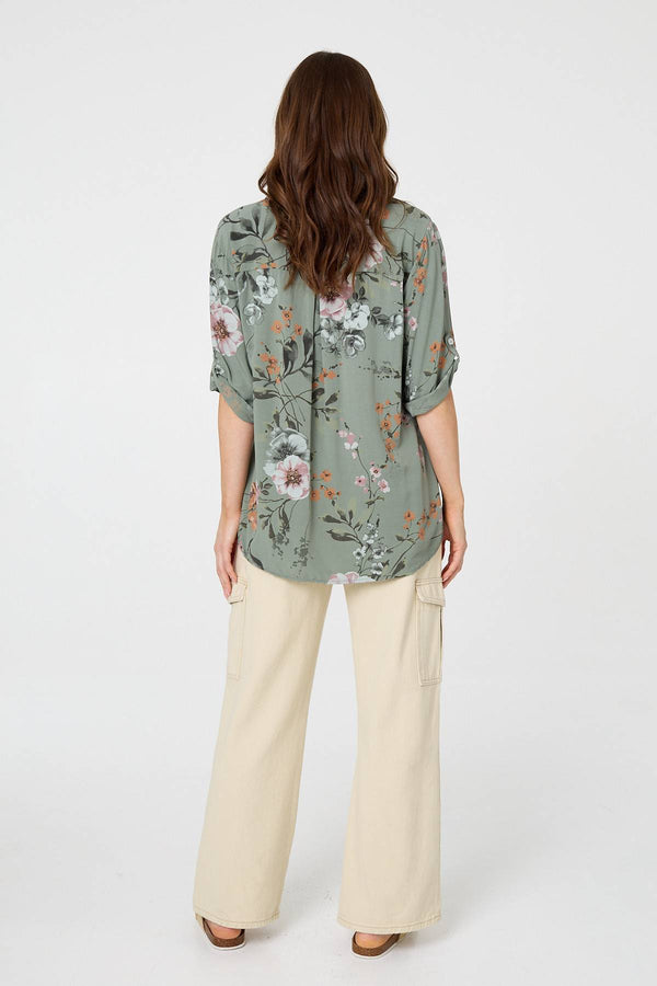 Khaki | Sequin Trim V-Neck Relaxed Blouse