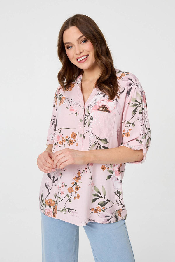 Pink | Sequin Trim V-Neck Relaxed Blouse : Model is 5'9"/175 cm and wears UK8/EU36/US4/AUS8