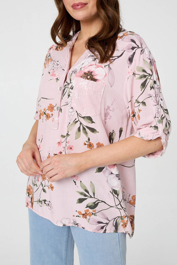 Pink | Sequin Trim V-Neck Relaxed Blouse