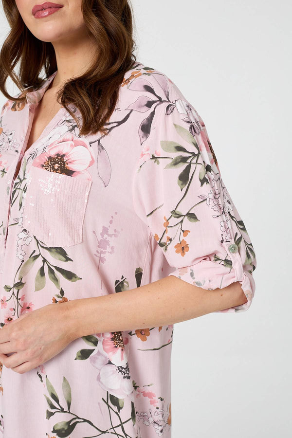 Pink | Sequin Trim V-Neck Relaxed Blouse