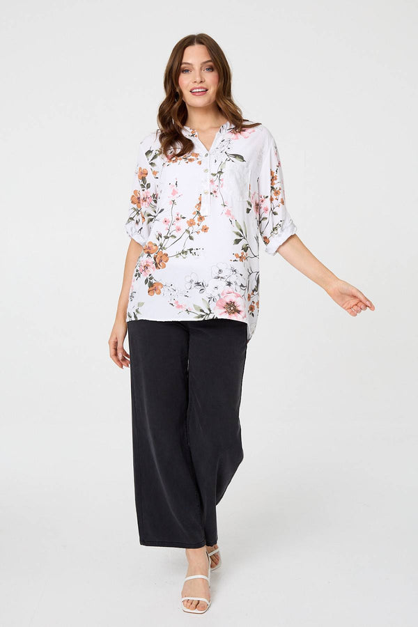 White | Sequin Trim V-Neck Relaxed Blouse