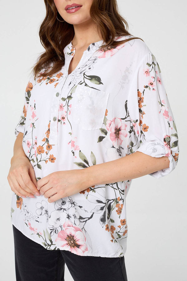 White | Sequin Trim V-Neck Relaxed Blouse