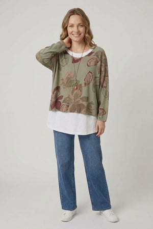 Khaki | Leaf Print Layered Long Sleeve Top