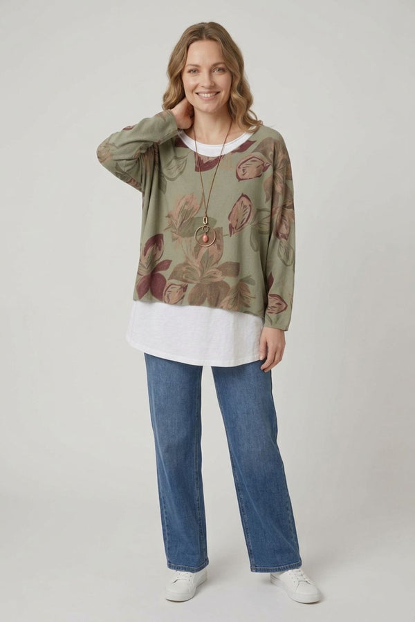 Khaki | Leaf Print Layered Long Sleeve Top
