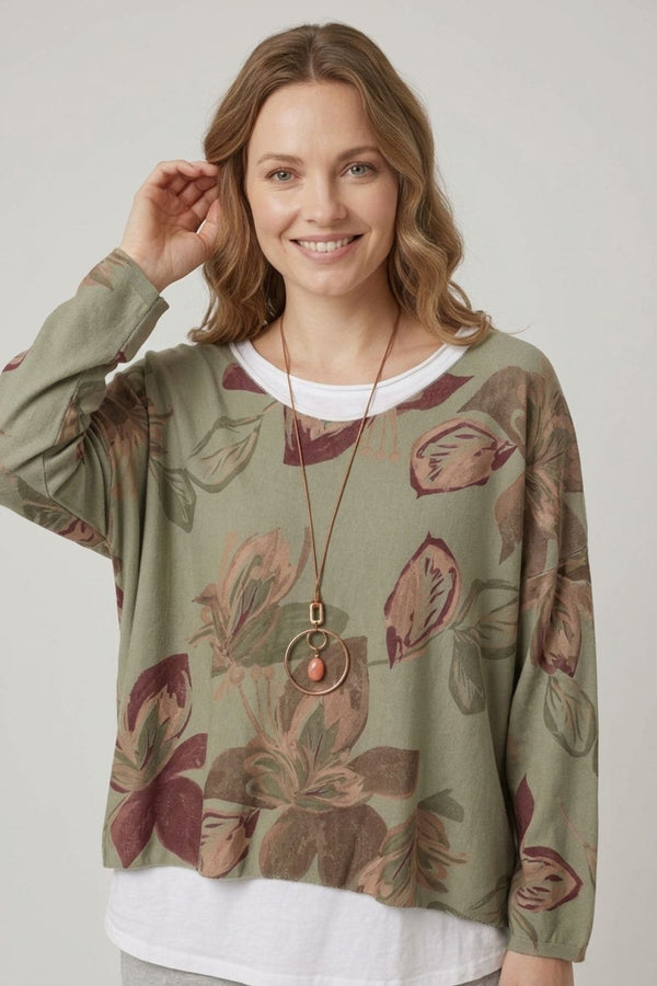 Khaki | Leaf Print Layered Long Sleeve Top