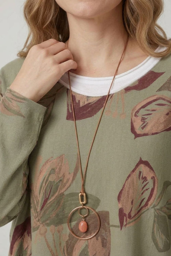 Khaki | Leaf Print Layered Long Sleeve Top