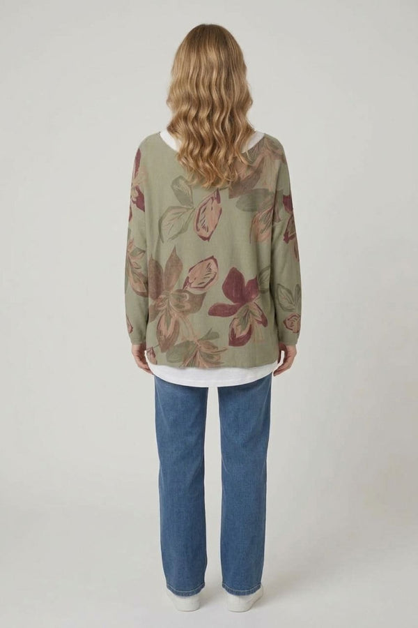 Khaki | Leaf Print Layered Long Sleeve Top