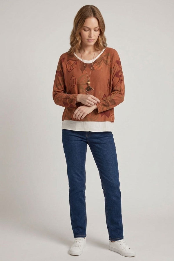 Orange | Leaf Print Layered Long Sleeve Top
