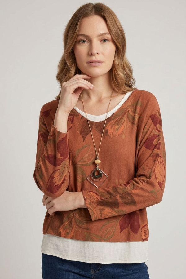 Orange | Leaf Print Layered Long Sleeve Top
