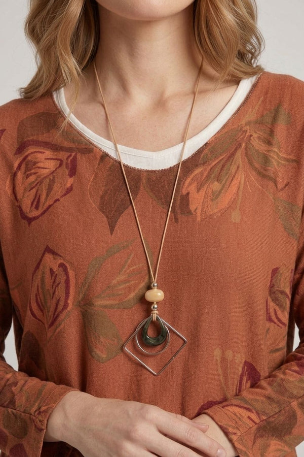 Orange | Leaf Print Layered Long Sleeve Top
