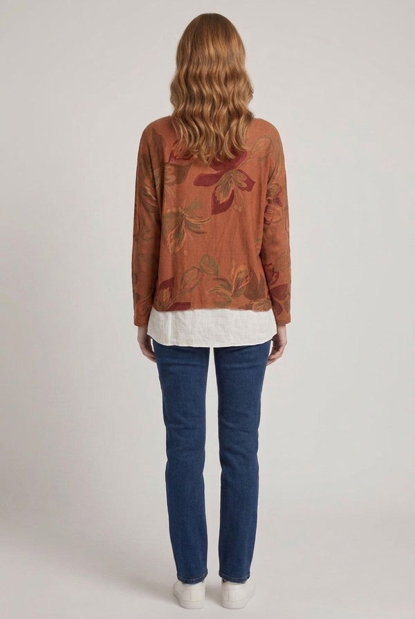 Orange | Leaf Print Layered Long Sleeve Top
