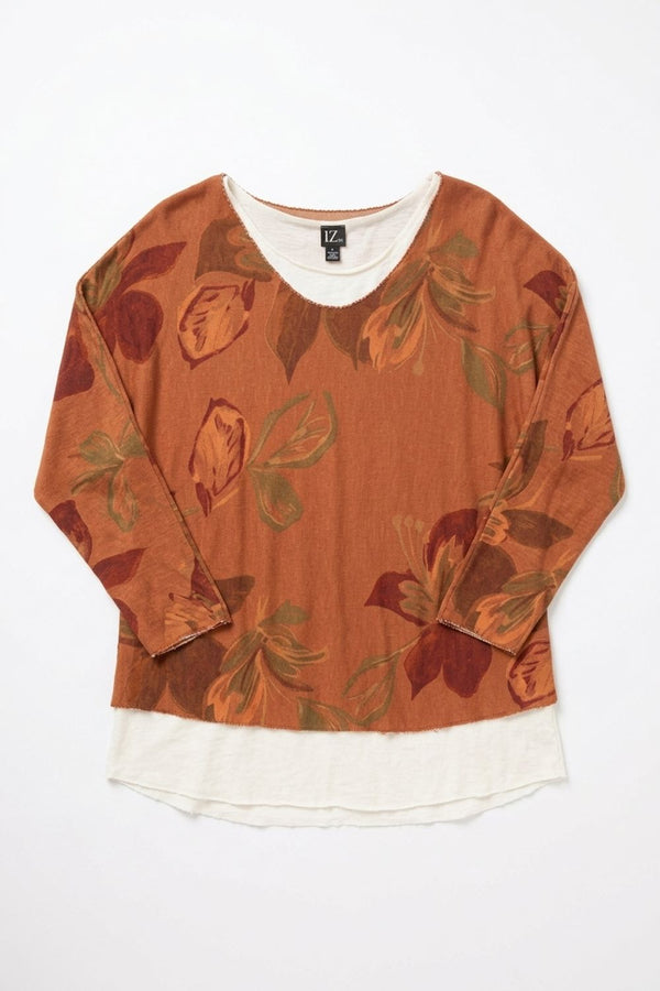 Orange | Leaf Print Layered Long Sleeve Top
