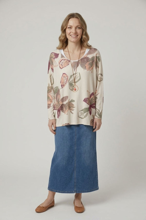 Stone | Leaf Print Layered Long Sleeve Top