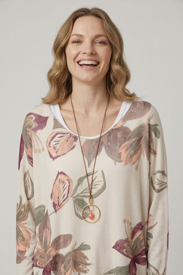 Stone | Leaf Print Layered Long Sleeve Top