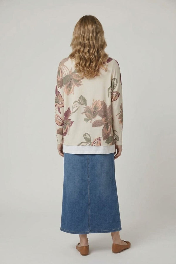 Stone | Leaf Print Layered Long Sleeve Top