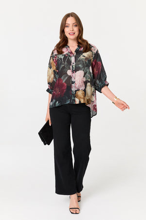 Black | Floral 3/4 Sleeve Button Back Blouse
