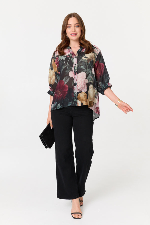 Black | Floral 3/4 Sleeve Button Back Blouse
