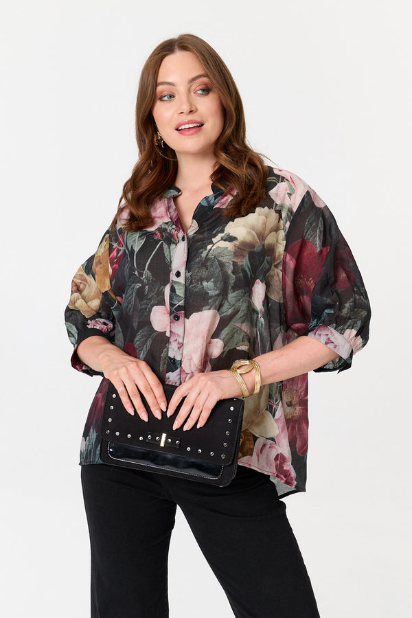 Black | Floral 3/4 Sleeve Button Back Blouse
