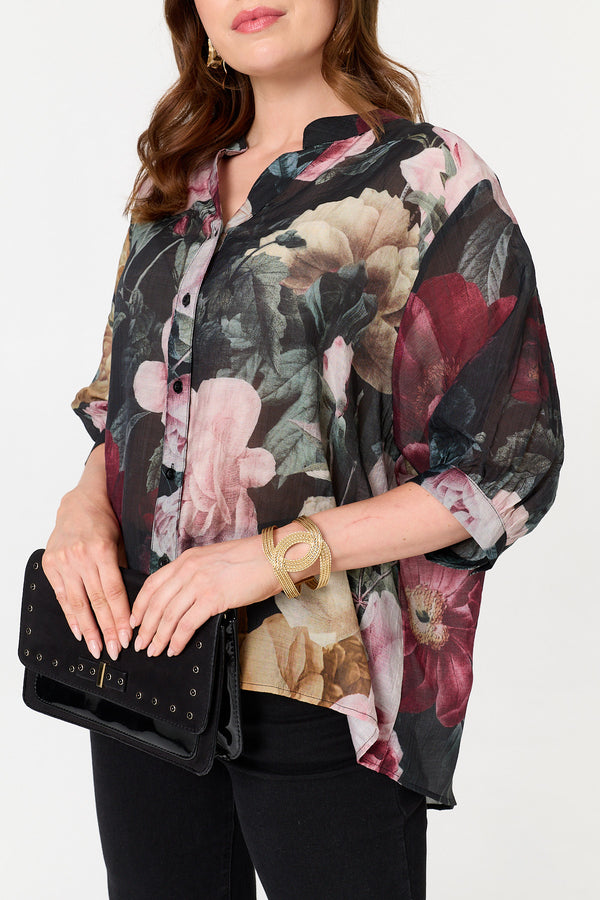 Black | Floral 3/4 Sleeve Button Back Blouse
