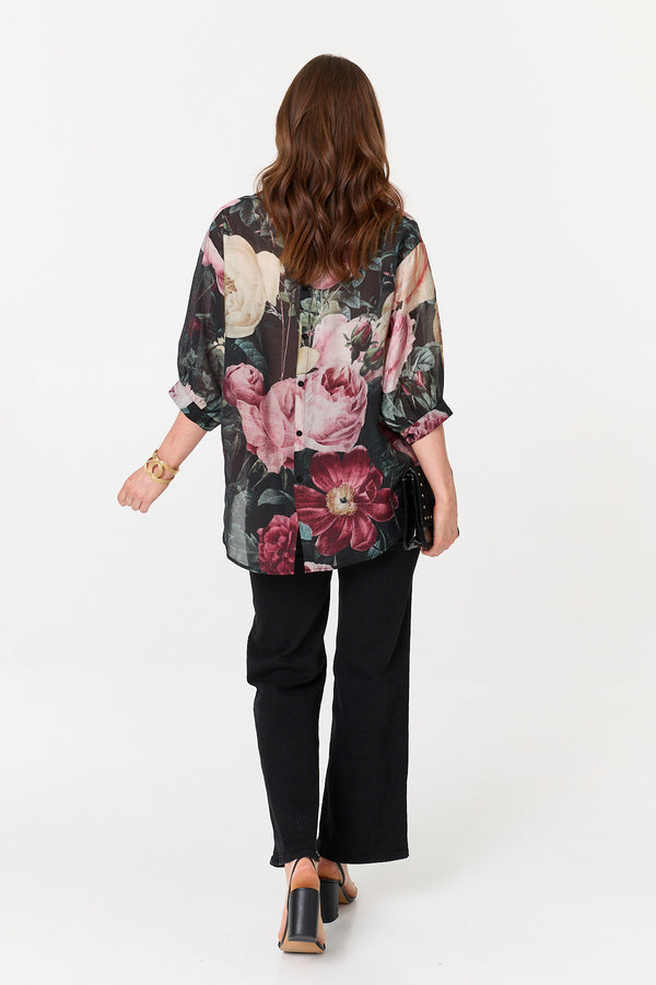 Black | Floral 3/4 Sleeve Button Back Blouse
