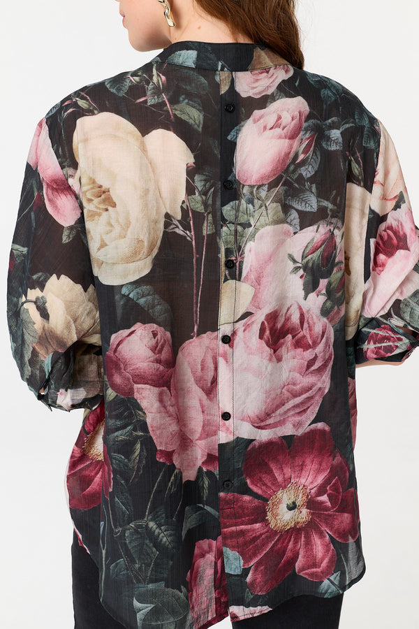 Black | Floral 3/4 Sleeve Button Back Blouse
