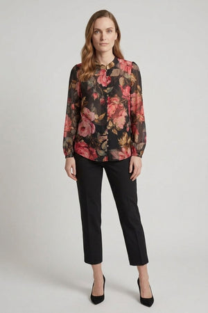 Black | Floral Long Sleeve Button Front Blouse
