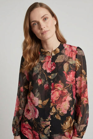 Black | Floral Long Sleeve Button Front Blouse : Model is 5'6