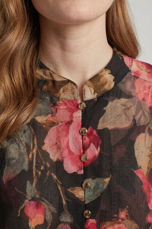Black | Floral Long Sleeve Button Front Blouse
