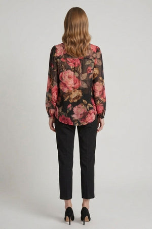 Black | Floral Long Sleeve Button Front Blouse