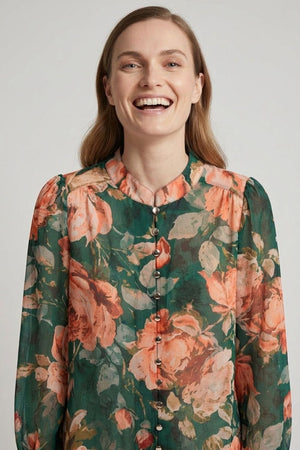 Green | Floral Long Sleeve Button Front Blouse : Model is 5'6