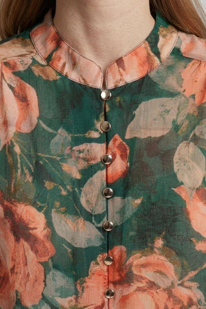 Green | Floral Long Sleeve Button Front Blouse