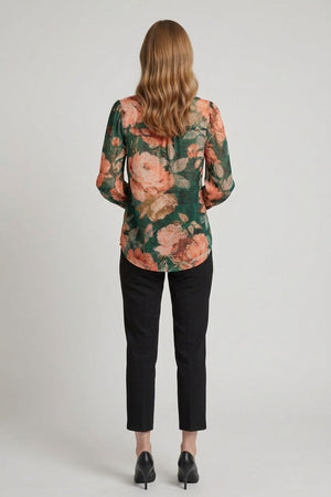 Green | Floral Long Sleeve Button Front Blouse