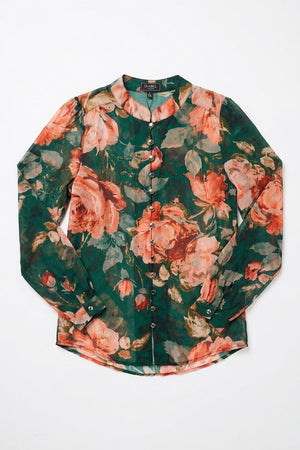 Green | Floral Long Sleeve Button Front Blouse