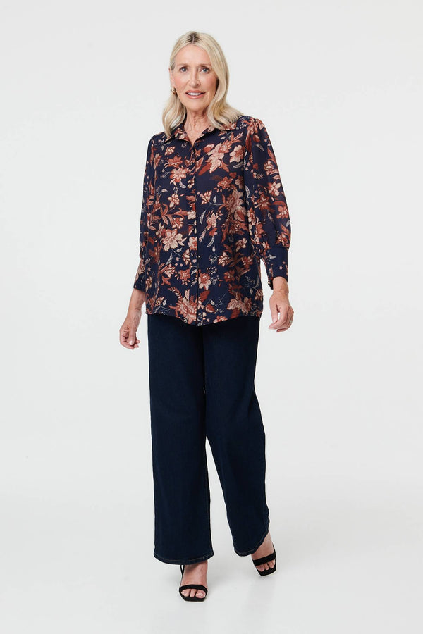 Navy | Floral Relaxed Fit Long Sleeve Shirt