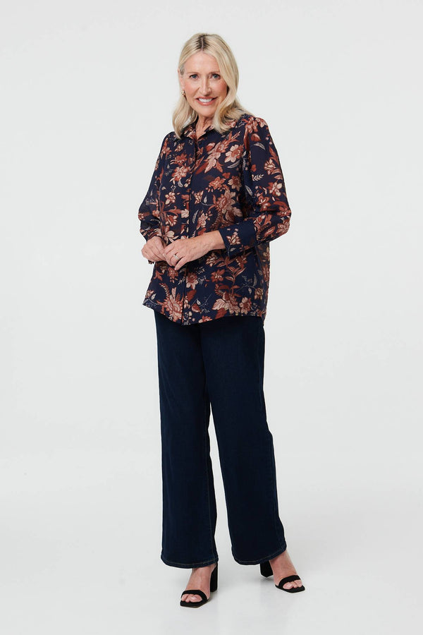Navy | Floral Relaxed Fit Long Sleeve Shirt