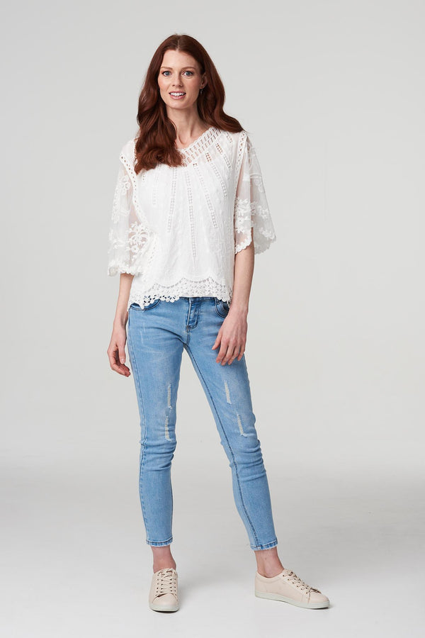 White | Lace Flared Sleeve Blouse Top