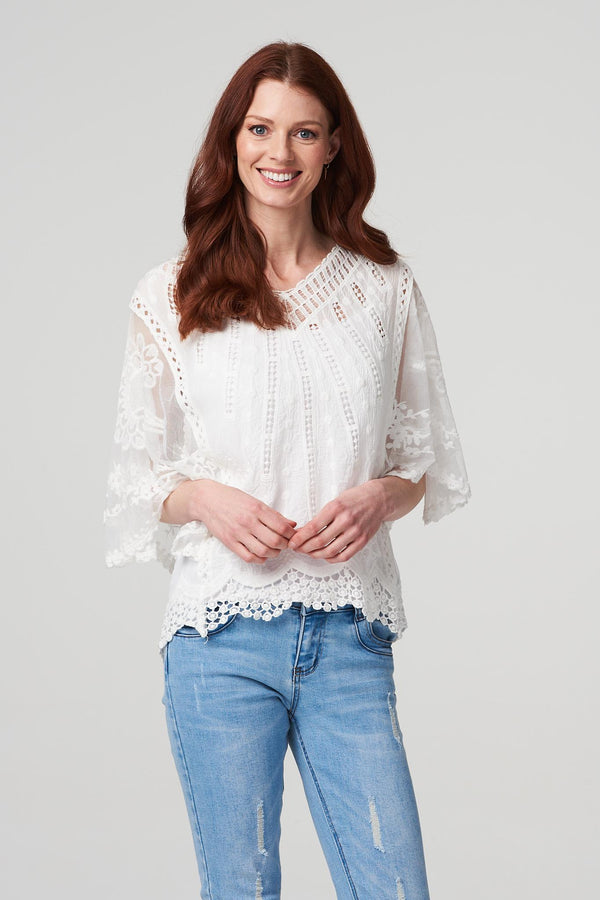 White | Lace Flared Sleeve Blouse Top