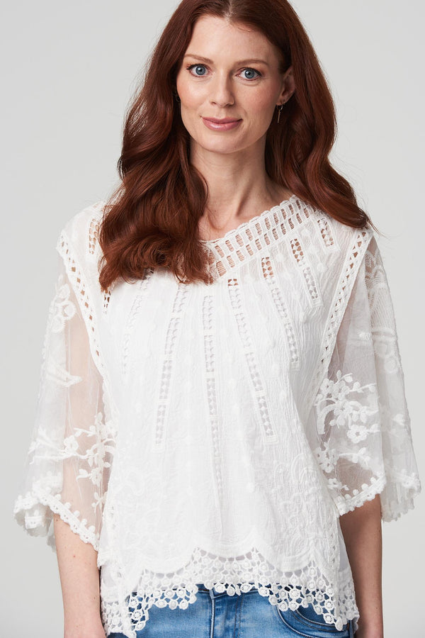 White | Lace Flared Sleeve Blouse Top