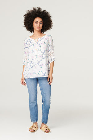 Purple | Floral Bird Print Drawstring Top