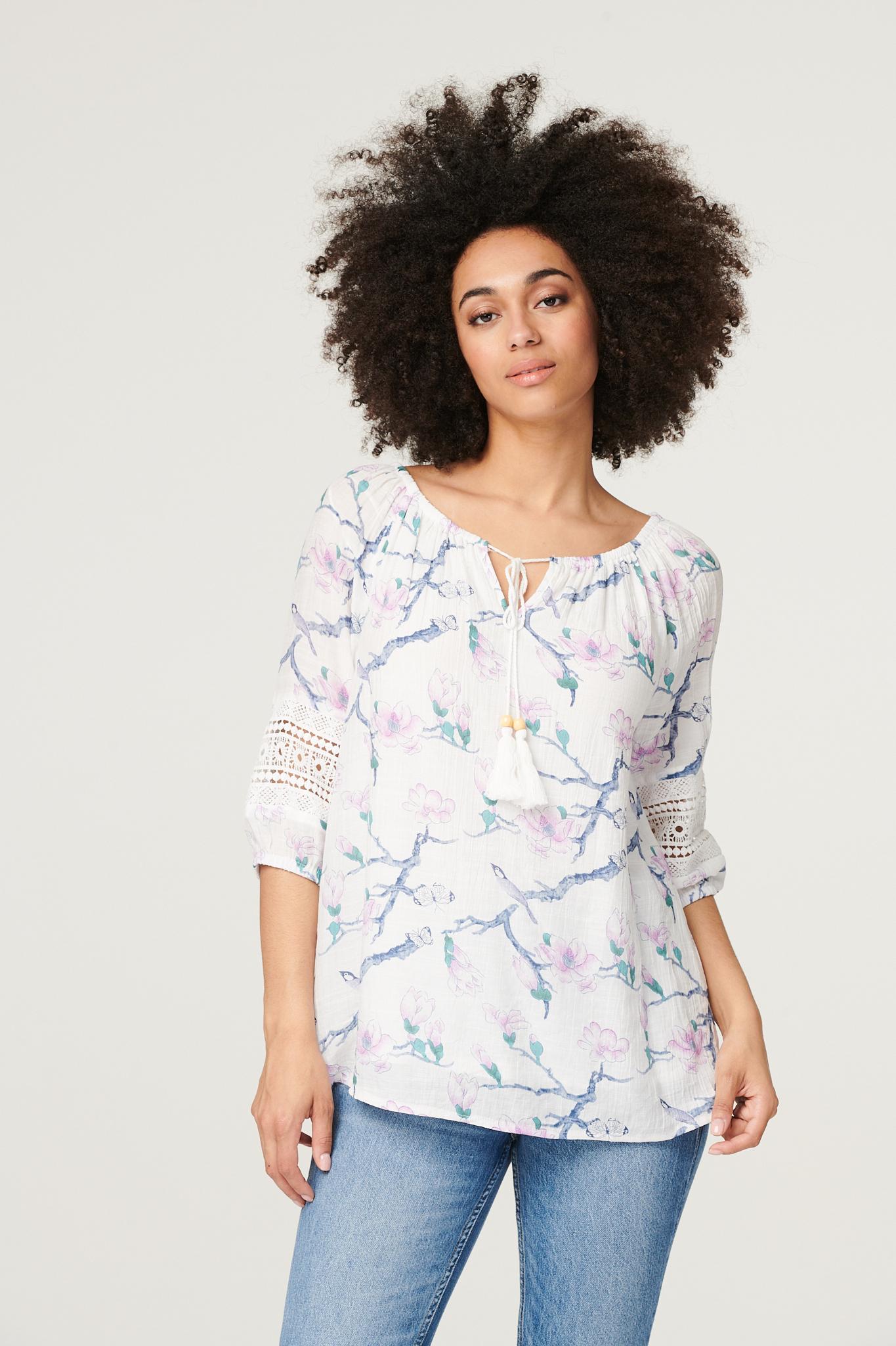Purple | Floral Bird Print Drawstring Top
