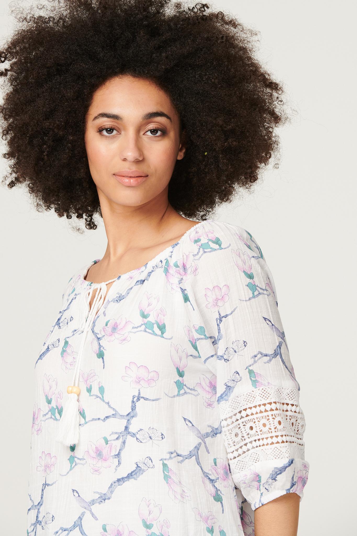 Purple | Floral Bird Print Drawstring Top