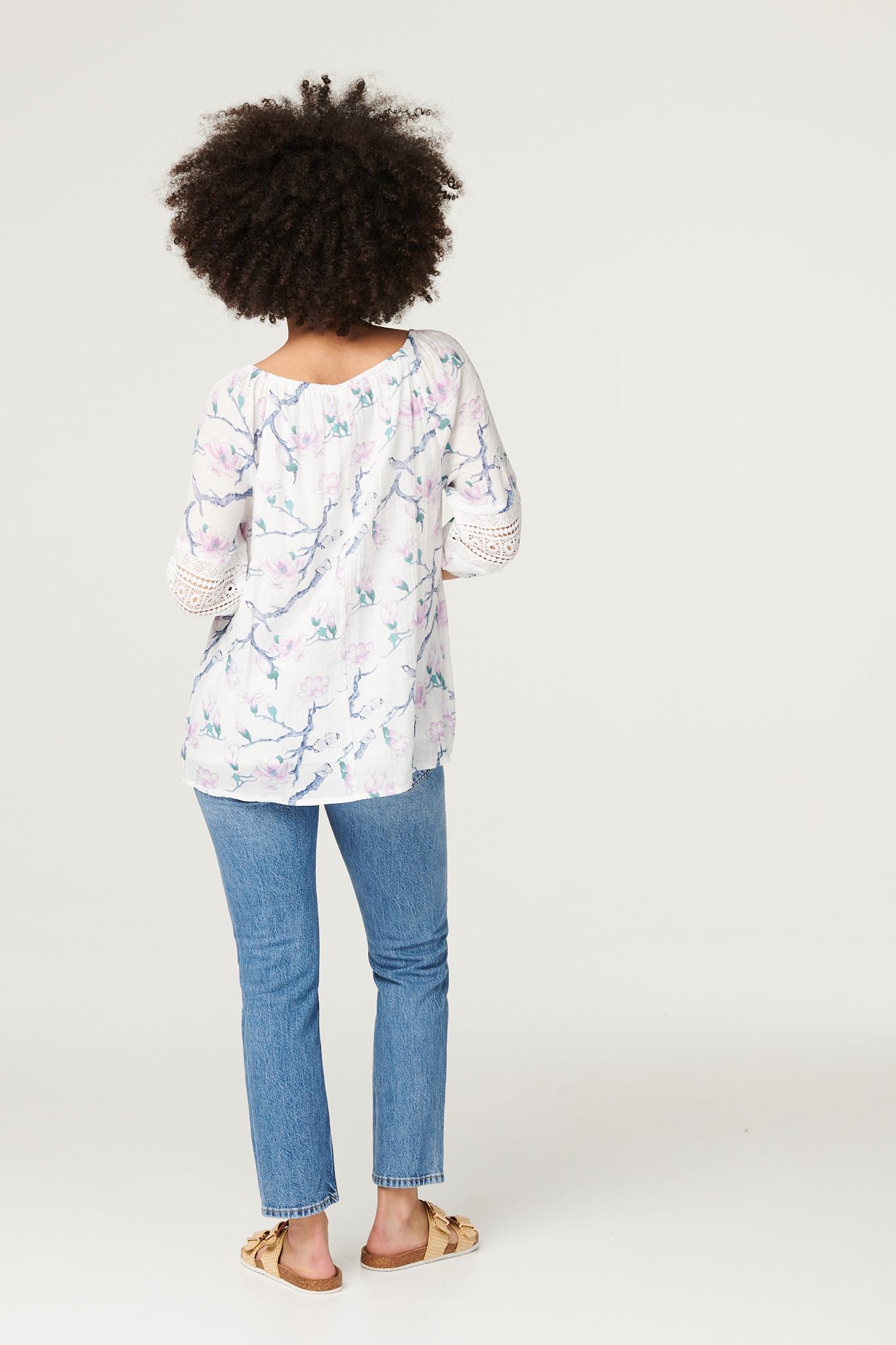 Purple | Floral Bird Print Drawstring Top