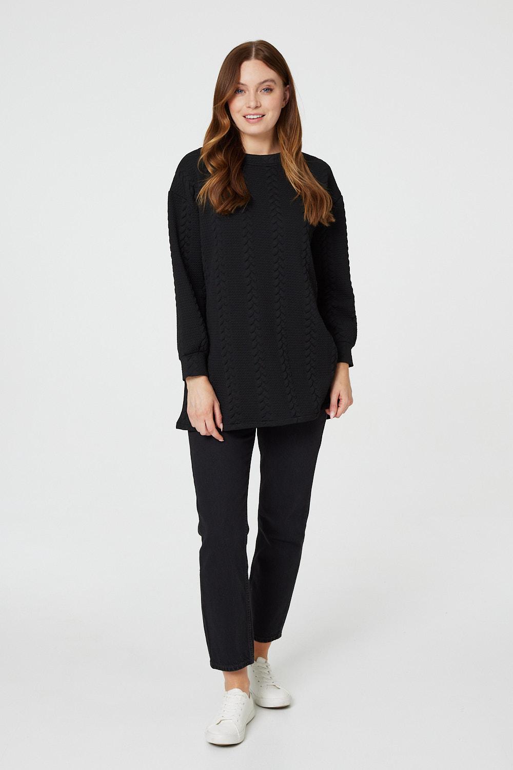Black | Cable Knit Longline Relaxed Jumper