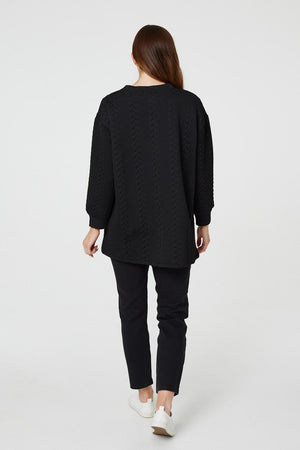 Black | Cable Knit Longline Relaxed Jumper