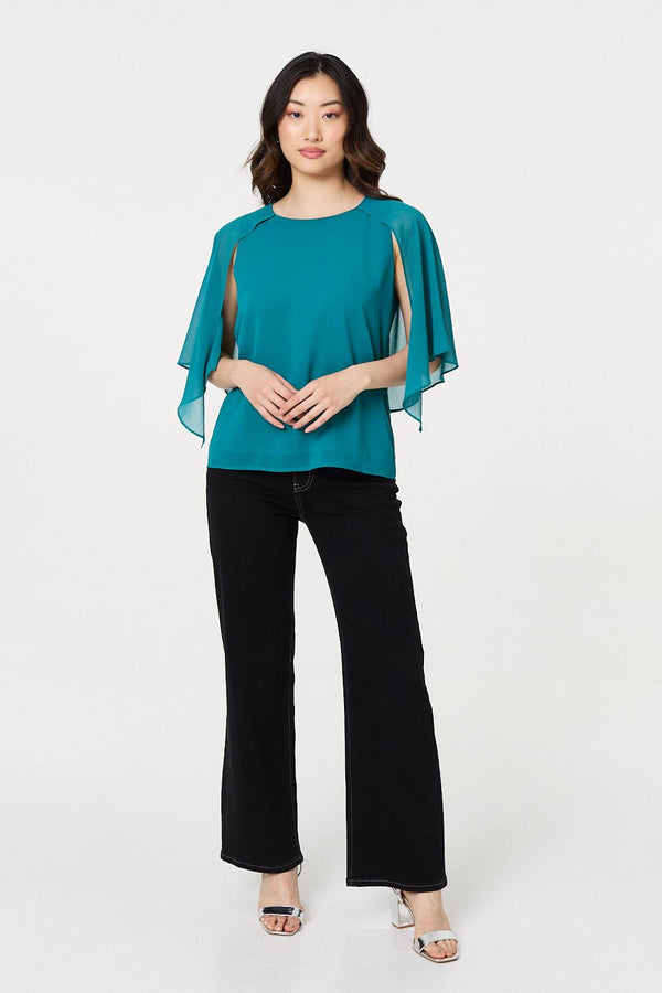Teal | Semi Sheer Cut Out 3/4 Sleeve Blouse
